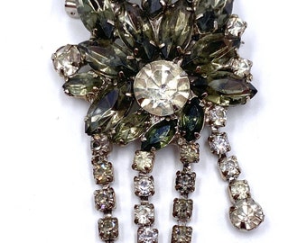 Vintage Dimensional Brooch with Dangles Gray and Clear Rhinestones Silver Tone / Vintage Costume Jewelry