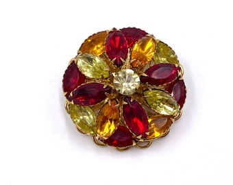 Vintage Rhinestone Brooch Red Orange Yellow Navettes Gold Tone / Vintage Costume Jewelry