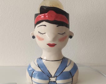 Ceramic lamp, table lamp, reading lamp, night table lamp, red lamp, sea lamp, pin up girl lamp.