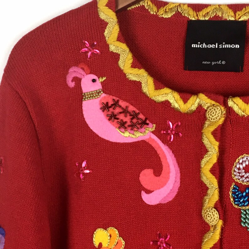 Michael Simon Vintage Christmas Cardigan Sweater XL Red Gold Bird Beaded Button