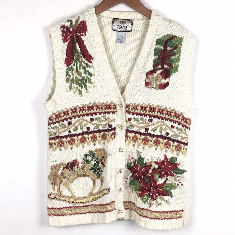 Tiara International Vintage Christmas Sweater Vest M Beige Beaded Embroidered