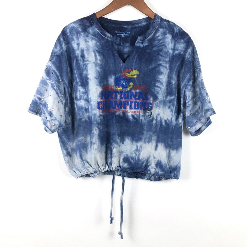 Kansas Jayhawks Shirt Large Gameday Tie Dye Rhinestone Silver Beaded Drawstring Crop 2008 National Champions