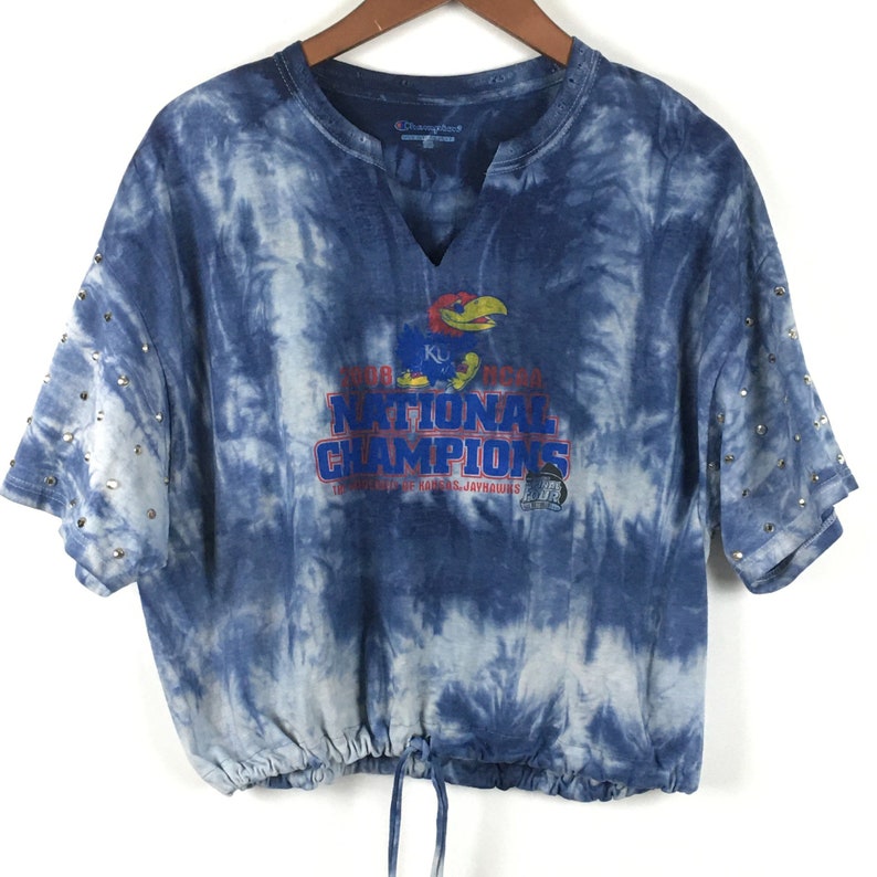 Kansas Jayhawks Shirt Large Gameday Tie Dye Rhinestone Silver Beaded Drawstring Crop 2008 National Champions