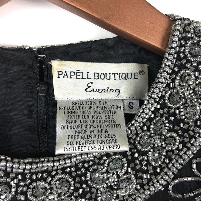 Papell Boutique Evening Top S Black Beaded Short Sleeve Vintage Blouse Formal