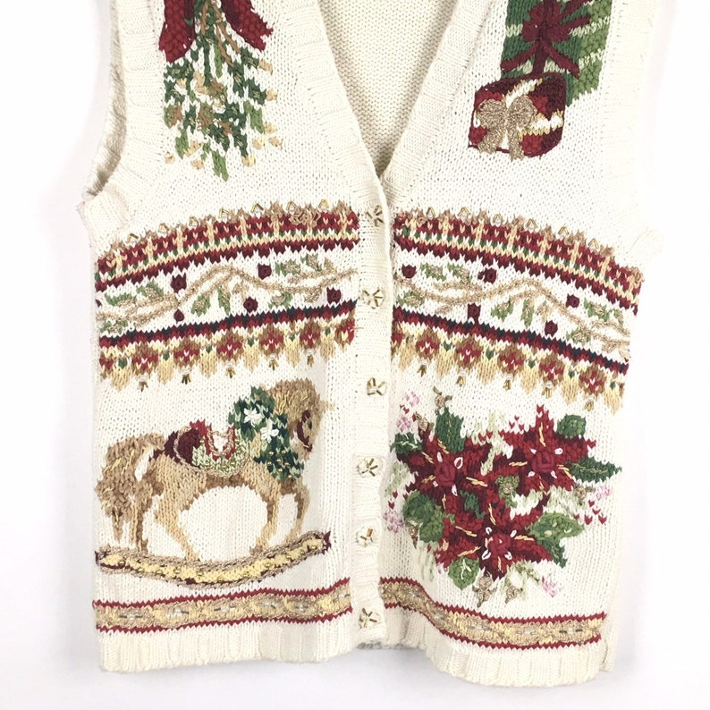 Tiara International Vintage Christmas Sweater Vest M Beige Beaded Embroidered