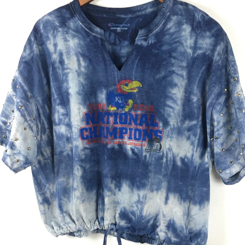 Kansas Jayhawks Shirt Large Gameday Tie Dye Rhinestone Silver Beaded Drawstring Crop 2008 National Champions