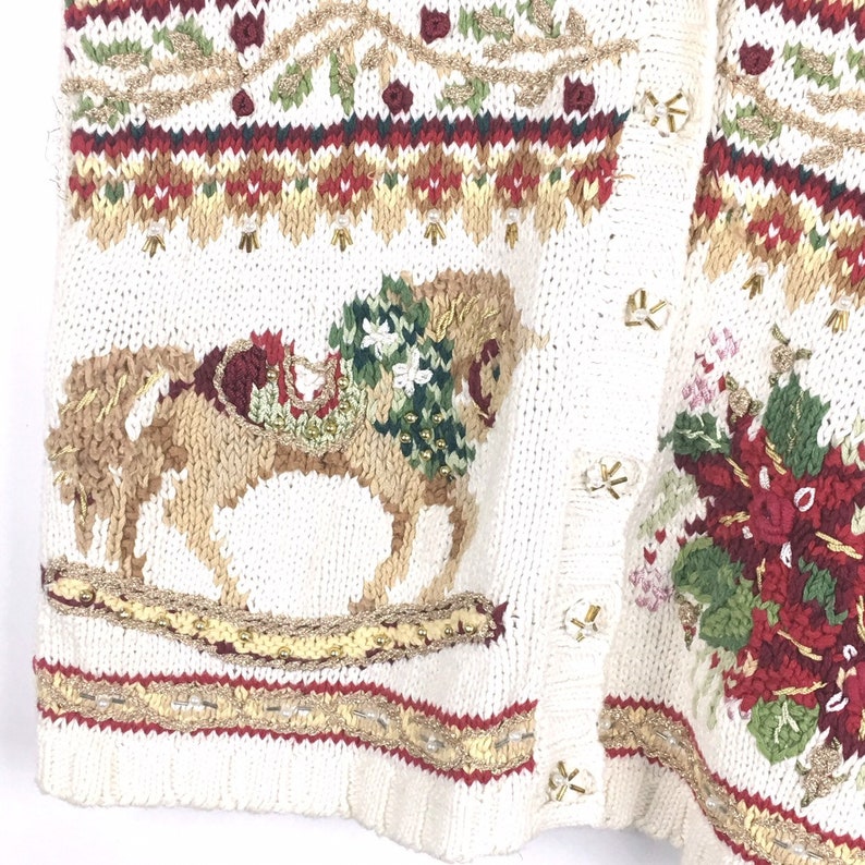 Tiara International Vintage Christmas Sweater Vest M Beige Beaded Embroidered