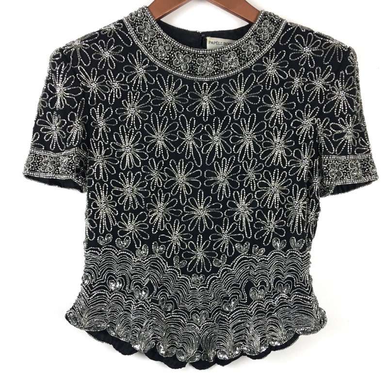 Papell Boutique Evening Top S Black Beaded Short Sleeve Vintage Blouse Formal
