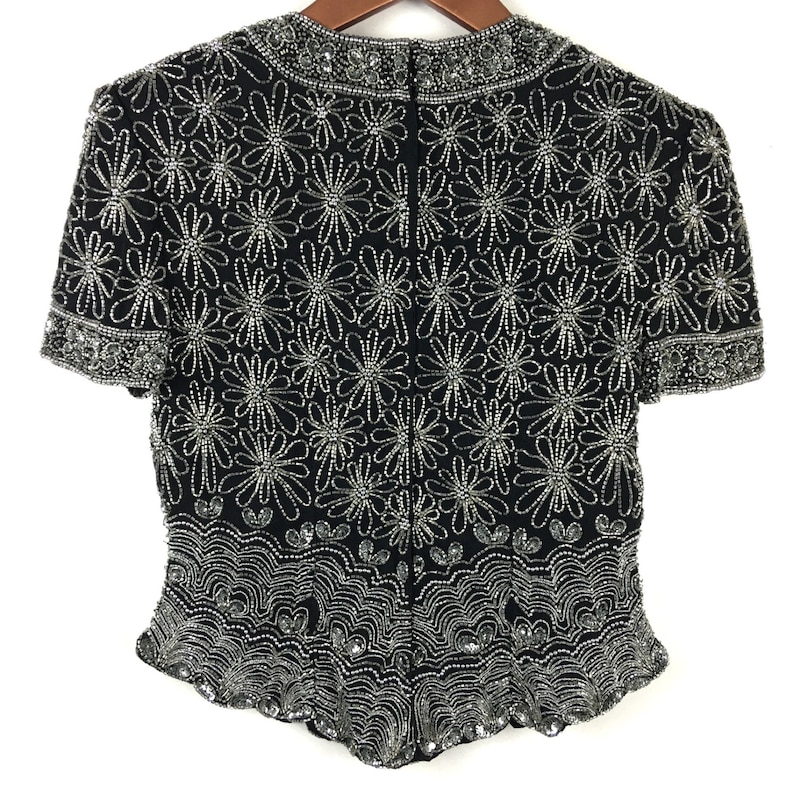 Papell Boutique Evening Top S Black Beaded Short Sleeve Vintage Blouse Formal