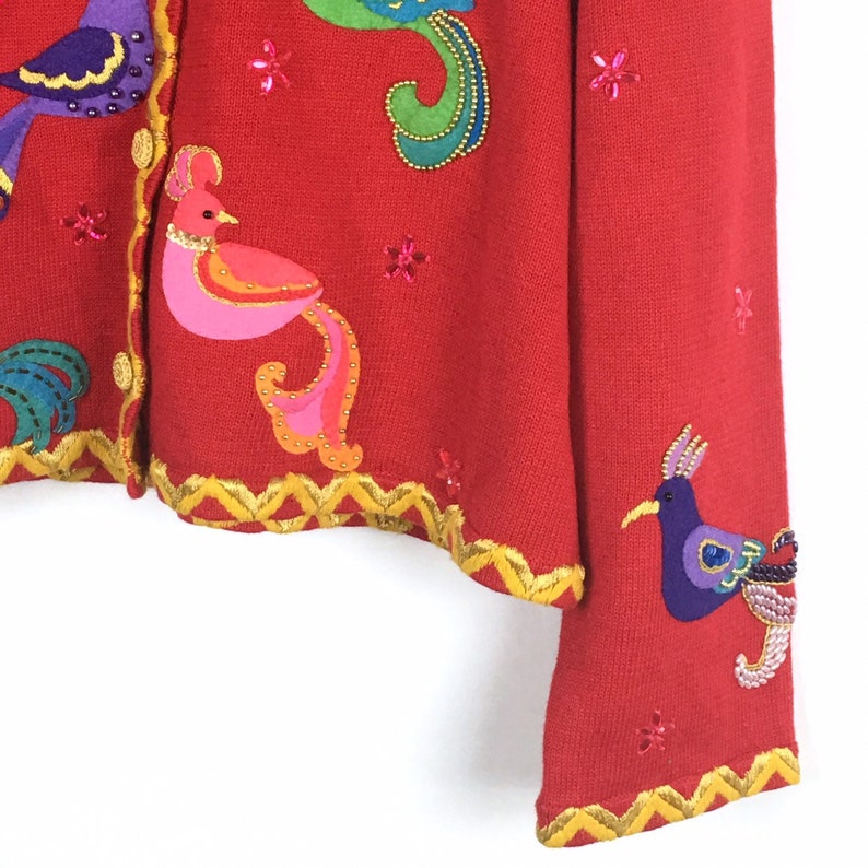 Michael Simon Vintage Christmas Cardigan Sweater XL Red Gold Bird Beaded Button
