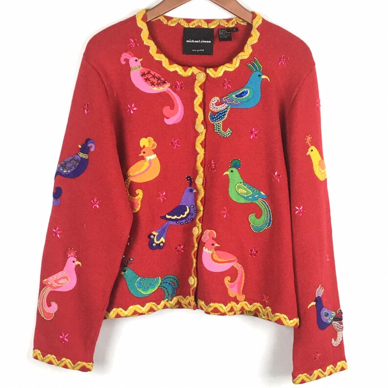 Michael Simon Vintage Christmas Cardigan Sweater XL Red Gold Bird Beaded Button