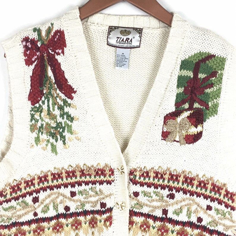 Tiara International Vintage Christmas Sweater Vest M Beige Beaded Embroidered