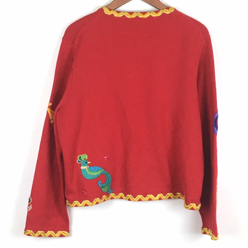 Michael Simon Vintage Christmas Cardigan Sweater XL Red Gold Bird Beaded Button