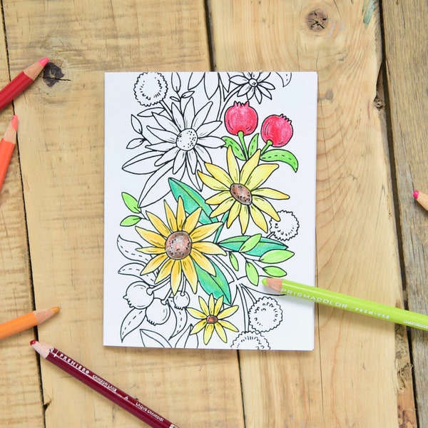 Sunflower A2 Size - Color It Yourself Cards - 6 Different Designs - Floral Coloring Cards - Original Art - Coloring Cards - Create A Card
