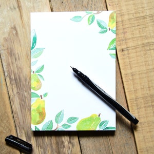 Watercolor Pear Notepad, 75 Pages, 5x7 Size, Everyday Notepad, Cute Fruit Stationery, Cheerful Pear Stationery,  Green Pear Stationary