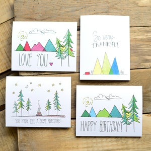 Set of 4 - Mountain Greeting Cards - Whimsical Greeting Cards - Thank You - Love You - Adventure Card - Original Design - Handdrawn - Blank