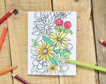 Sunflower A2 Size - Color It Yourself Cards - 6 Different Designs - Floral Coloring Cards - Original Art - Coloring Cards - Create A Card