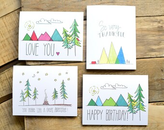 Set of 4 - Mountain Greeting Cards - Whimsical Greeting Cards - Thank You - Love You - Adventure Card - Original Design - Handdrawn - Blank