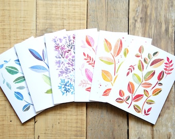 Set of 6 - Rainbow of Leaves - Delicate Watercolor Greeting Cards - Colorful Everyday Cards - Hand painted Cards - Original Watercolor Art