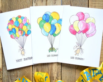 Set of 3 -5x7 Cards- Balloon Birthday Set - Turtles and Bunnies with Balloons Cards - Adventure is Out There card set - Let's Celebrate Card