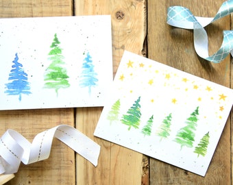 Set of 6 - Watercolor Pine Tree Card Set - Christmas Greeting Cards - Christmas Tree Greeting Cards - Watercolor Christmas - Starry Night