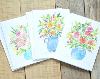 Set of 6 - Watercolor Flowers In Vases Card Set -Sunflower Greeting Cards - Peony Greeting Cards -Notecard -Peony Florals - Watercolor Cards