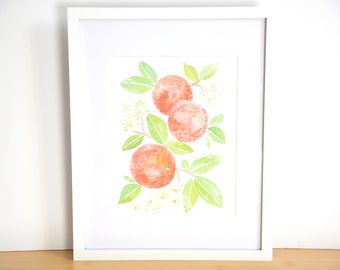 Watercolor Oranges with Blossoms - Watercolor Art Print - Fruit Kitchen Art Print - Original Art Print - Watercolor Oranges -Kitchen Art