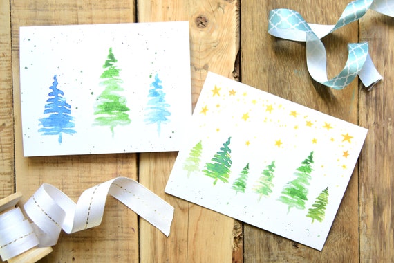 Set of 6 Watercolor Pine Tree Card Set Christmas Greeting - Etsy