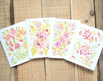 Set of 4 - Cute Watercolor Flowers Card Set - Autumn Greeting Cards - Daisy Greeting Cards - Notecard - Seed Pods - Bright Watercolor Cards