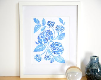 Blue Delft Chrysanthemum  Art - Watercolor Art Print - Kitchen Art Print - Original Art Print - Watercolor Blue Design Print - Kitchen Art