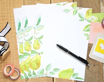 20 Sheets - Letter Size - Pretty Pear Stationary - Floral & Fruit Bordered Stationary - 8.25x10.75 Size, 20 Sheets - Pear Blossom Stationery