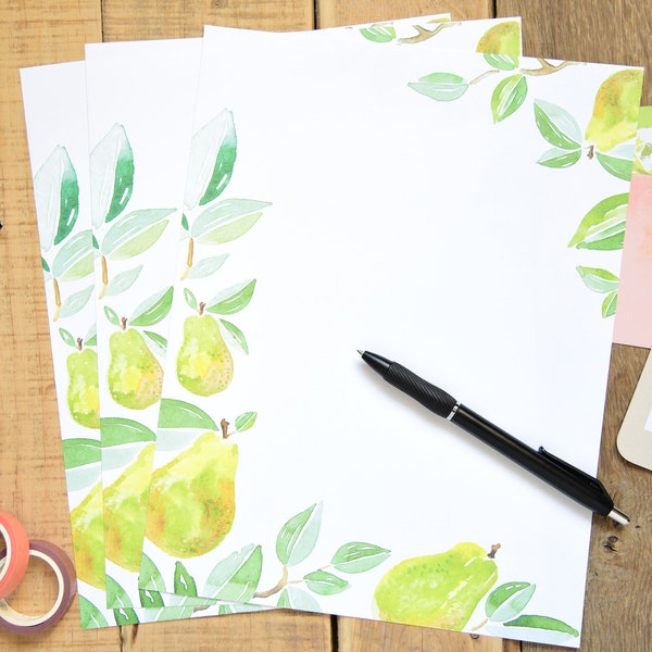 20 Sheets - Letter Size - Pretty Pear Stationary - Floral & Fruit Bordered Stationary - 8.25x10.75 Size, 20 Sheets - Pear Blossom Stationery
