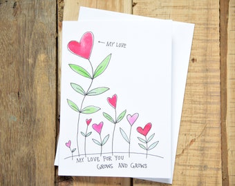 My Love Grows - A7 card, 5x7 - Anniversary Card - Love You Card - Valentines Card - Original Design - Blank Inside - Cute Valentines Card