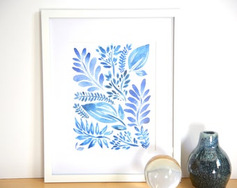 Floral Bouquet Art Print Illustration Flowers Branches Blue and White China Vase Delft Painting Indigo Navy White Wall Decor