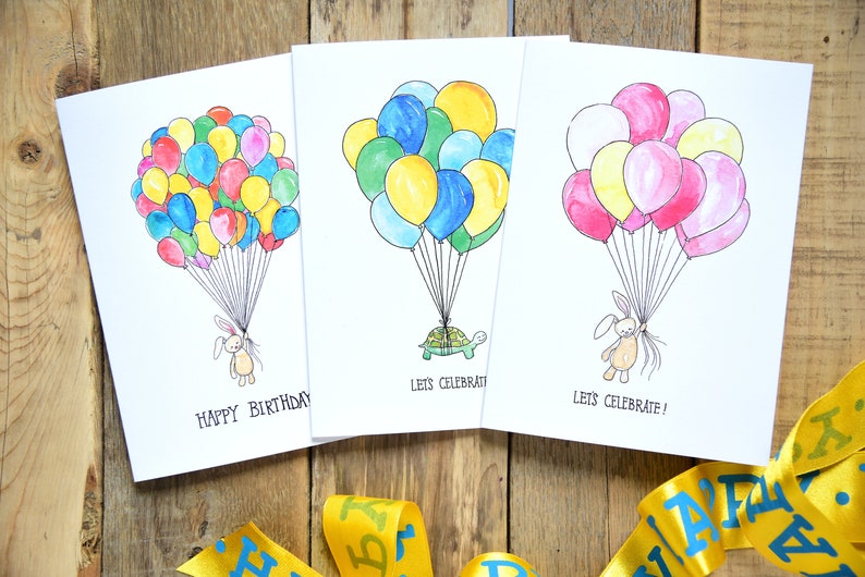 Set of 3 5x7 Cards Balloon Birthday Set Turtles and Bunnies with Balloons Cards Adventure is Out There card set Let's Celebrate Card image 1