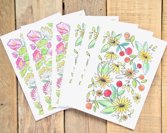 Set of 6 - Sunflower Greeting Cards - Pink Poppy Cards - Watercolor Cards - Gift Card Set for Women - Mom Gift -Hand painted Flower Card set