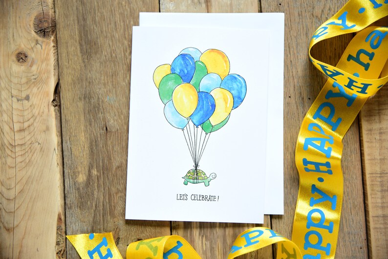 Set of 3 5x7 Cards Balloon Birthday Set Turtles and Bunnies with Balloons Cards Adventure is Out There card set Let's Celebrate Card image 3