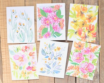 Set of 6 -  Pink & Yellow Floral Card Set - Cute Floral Greeting Cards - Pink  Greeting Cards - Notecard - Gift For Her - Watercolor Cards