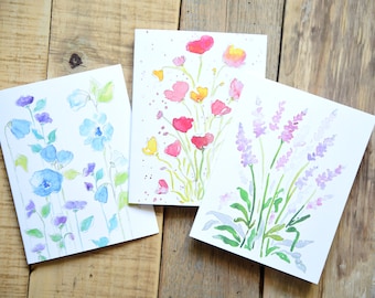 Set of 6 - Soft Watercolor Flowers Card Set - Lupine Greeting Cards - Poppy Greeting Cards - Notecard - Handpainted Cards - Watercolor Cards