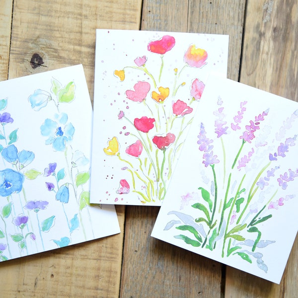 Set of 6 - Soft Watercolor Flowers Card Set - Lupine Greeting Cards - Poppy Greeting Cards - Notecard - Handpainted Cards - Watercolor Cards