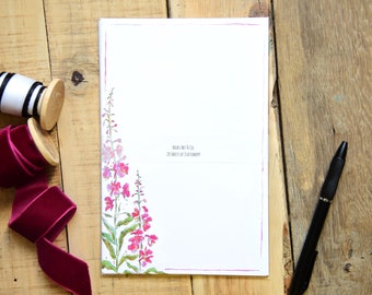 20 Sheets - Wild Fireweed Stationary - Pink Floral Bordered Stationary - Handdrawn, Original Design - 5.5x8.5 Sheets - Alaskan Design