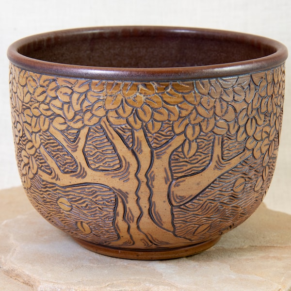 Hand Carved Ceramic Tree Bowl - Handmade and Carved Stoneware Bowl - One of a Kind Hand Carved Tree Bowl - Three Tree bowl - Earthy Bowl