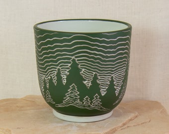 Hand Carved Sgraffito Porcelain Pot - Green and White Bowl - Handmade Pottery Vase - Porcelain Decoration - Elegant Gift - Forest and Trees