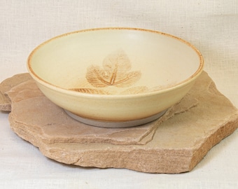 Leaf Impressed Bowl - Golden Leaf Impressed Ceramic Dish - Fall Leaf Dish - Autumn Dish - Shallow Bowl with Fig Leaves - Handmade Leaf Bowl