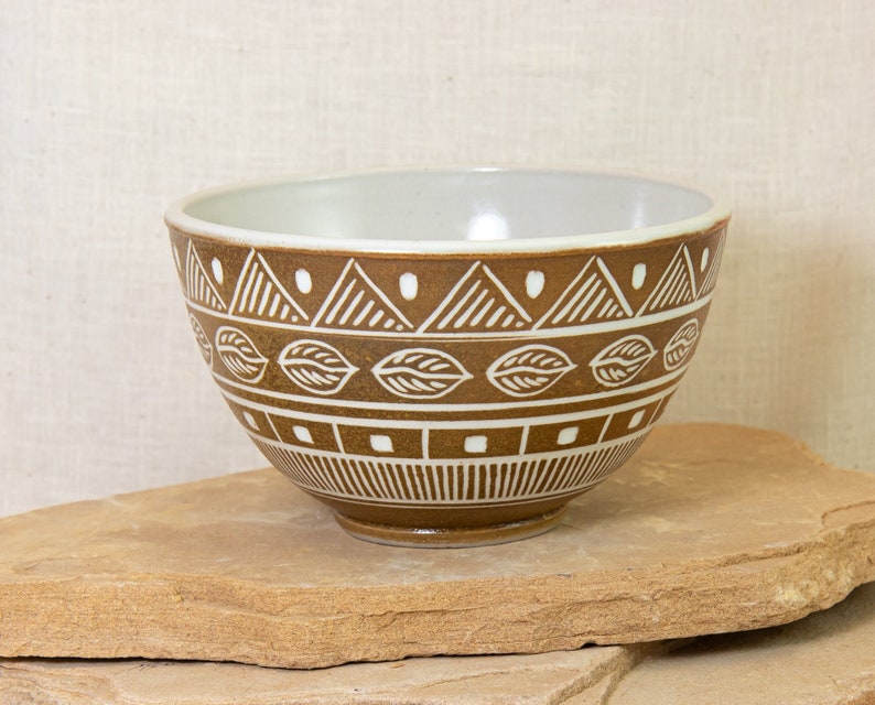 Geometric Inlaid Ceramic Bowl Southwestern Carved Design Hand Carved Bowl Southwest Carve One of a Kind Inlaid Pottery Bowl Bowl image 1