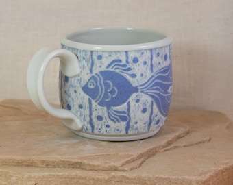 Hand Carved Sgraffito Fish Mug - Blue Carved Fish Mug -  Hand Decorated Porcelain Mug - 10 Oz Porcelain Coffee Cup - Sea Themed Mug