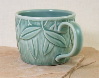 Eucalyptus Leaf Porcelain Mug - Hand Carved Ceramic Coffee Cup - Leaf Carved Porcelain Cup - Green Carved Porcelain Mug - Leaf Mug