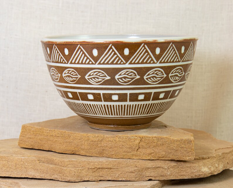 Geometric Inlaid Ceramic Bowl Southwestern Carved Design Hand Carved Bowl Southwest Carve One of a Kind Inlaid Pottery Bowl Bowl image 4