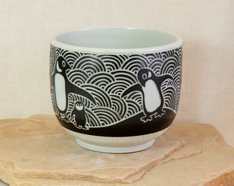 Hand Carved Porcelain Penguin Bowl - Black and White Sgraffito Bowl - Handmade Ceramic Penguin Bowl - Carved Pottery Bowl - Penguins