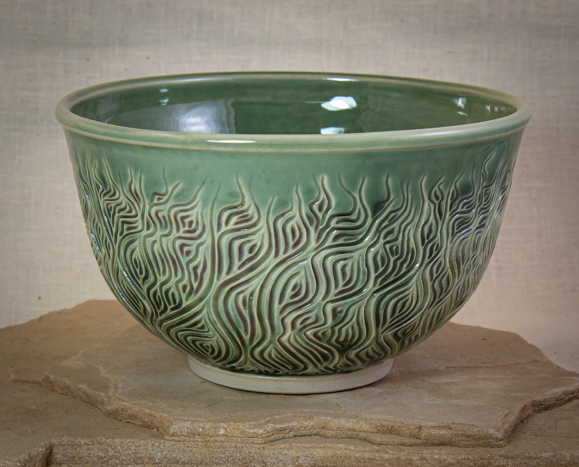 Green Hand Carved Pottery Bowl Carved Ceramic Bowl One of Etsy